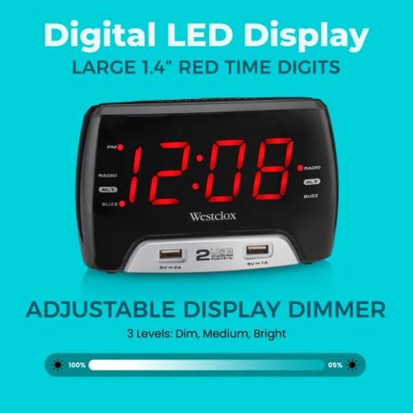 Westclox Large 1.4” Red LED Digital FM Clock Radio with Dual USB A & C Charging Ports, Adjustable Brightness, Dual Alarms & Sleep Timer – Modern Alarm Clock for Bedroom, Home, or O
