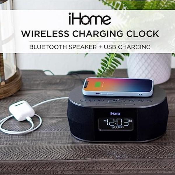 iHome Alarm Clock for Bedroom with Wireless Charger, Bluetooth Speaker, and USB Charger for iPhone, Android, and More (iBTW38)