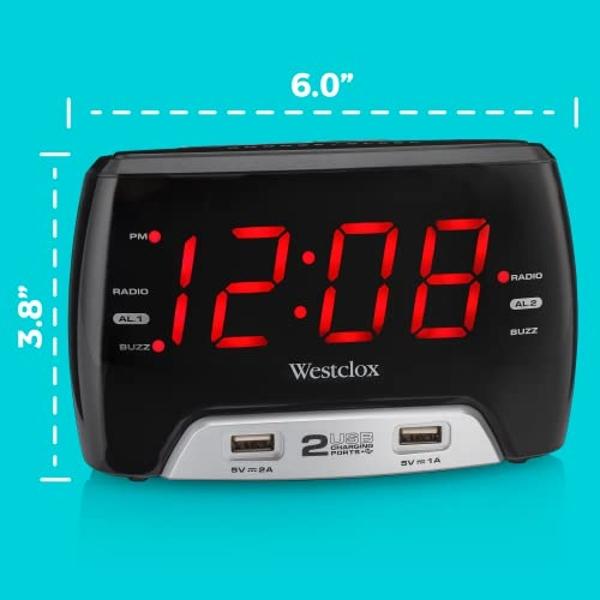 Westclox Large 1.4” Red LED Digital FM Clock Radio with Dual USB A & C Charging Ports, Adjustable Brightness, Dual Alarms & Sleep Timer – Modern Alarm Clock for Bedroom, Home, or O