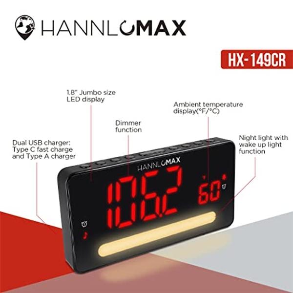 HANNLOMAX HX-149CR Alarm Clock Radio with 2” LED Display, Temperature, Night Light, USB Type-C Ports for 2.4A Charging and USB Type-A Port for 1A Charging.