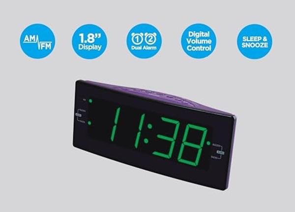 HANNLOMAX HX-112CR Alarm Clock Radio, PLL AM/FM Radio, Green LED 1.8 inches Jumbo Display, Dual Alarm, Dimmer, AC Operation only. (Purple)