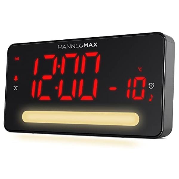 HANNLOMAX HX-149CR Alarm Clock Radio with 2” LED Display, Temperature, Night Light, USB Type-C Ports for 2.4A Charging and USB Type-A Port for 1A Charging.