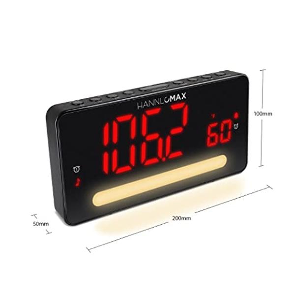 HANNLOMAX HX-149CR Alarm Clock Radio with 2” LED Display, Temperature, Night Light, USB Type-C Ports for 2.4A Charging and USB Type-A Port for 1A Charging.