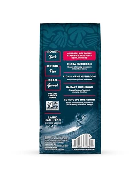 Laird Superfood Peruvian Dark Roast Coffee with Functional Mushrooms, Certified Organic Peruvian Ground Coffee Beans, Gluten-Free, Dairy-Free, Non-GMO, Paleo, Keto Friendly, 12 oz.