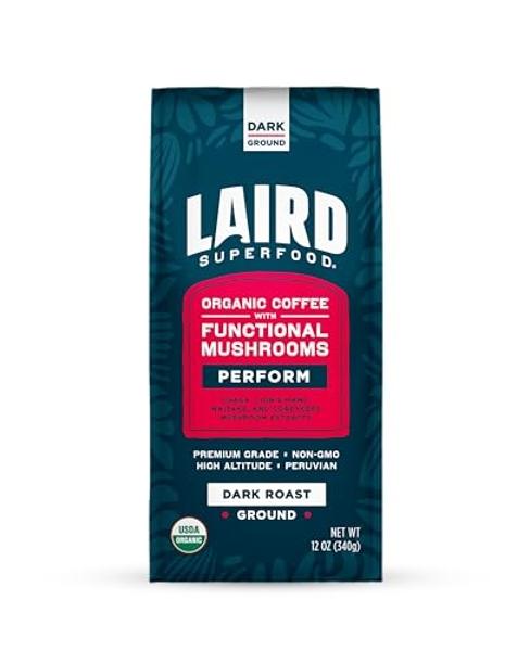 Laird Superfood Peruvian Dark Roast Coffee with Functional Mushrooms, Certified Organic Peruvian Ground Coffee Beans, Gluten-Free, Dairy-Free, Non-GMO, Paleo, Keto Friendly, 12 oz.