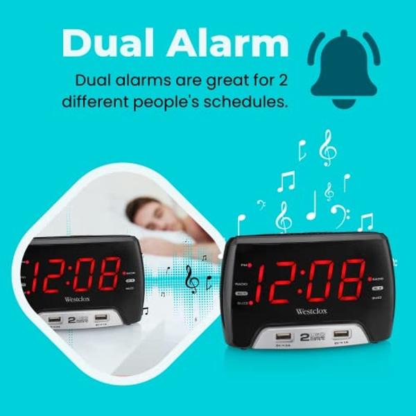 Westclox Large 1.4” Red LED Digital FM Clock Radio with Dual USB A & C Charging Ports, Adjustable Brightness, Dual Alarms & Sleep Timer – Modern Alarm Clock for Bedroom, Home, or O