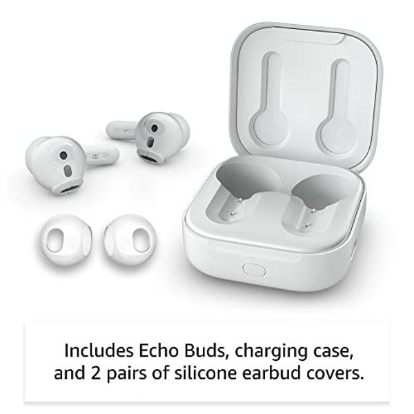 Amazon Echo Buds (newest model), True Wireless Bluetooth 5.2 Earbuds with Alexa, audio personalization, multipoint, 20H battery with charging case, fast charging, sweat resistant, 