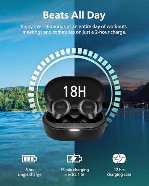 PHILIPS TAT1219 Wireless Earbuds,True Wireless Headphones,Powerful Bass with 10 mm Driver,Clear Call Quality with AI Mic,18 H Battery Life,Bluetooth 5.3,IPX4 Rating,Ergonomic Desig