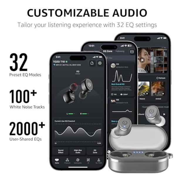 TOZO T10 Wireless Earbuds Bluetooth 5.3 Headphones, App Customize EQ, Ergonomic Design, 55H Playtime, Wireless Charging Case, IPX8 Waterproof Sound in-Ear Headset, 2025 New Version