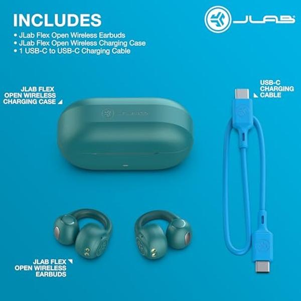 JLab Flex Open Earbuds, Teal, Clip-on Cuff Design, Wireless Open-Ear Audio Freedom Effortless Fit, Safe Listening, Bluetooth Multipoint, Customize with The App