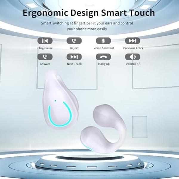 Open Ear Bone Conduction Headphones Bluetooth 5.3 Wireless Clip On Earbuds with Digital Display Charging Case 60 Hours Playtime Sport Earphones Built-in Mic IPX7 Waterproof for Run