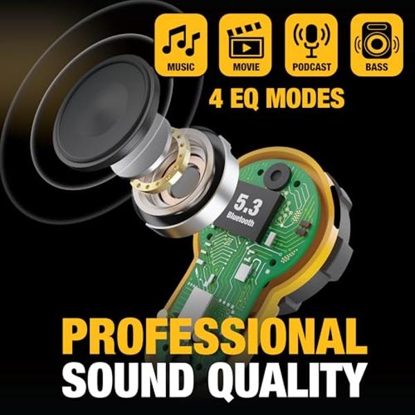 DEWALT Heavy Duty Bluetooth Jobsite Pro X2 ANC True Wireless Earbuds, 38dB Noise Reduction Rated Work Earbuds, Turn Dial Controls, 10Hr Runtime (40+ w/Case), 4 EQ Modes, IP54, Acti