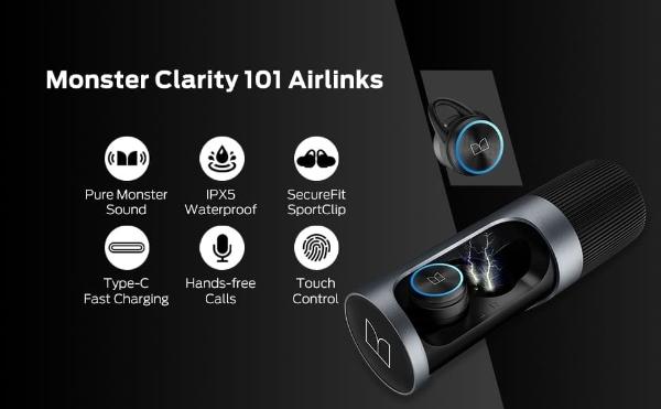 Monster Clarity 101 AirLinks Wireless Earbuds, Bluetooth 5.0 in-Ear Headphones with Charging Case, Stereo Earphones Deep Bass Sound, IPX5 Waterproof, Built-in Mic, Clear Call, Secu