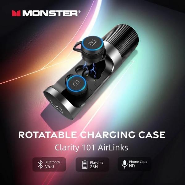 Monster Clarity 101 AirLinks Wireless Earbuds, Bluetooth 5.0 in-Ear Headphones with Charging Case, Stereo Earphones Deep Bass Sound, IPX5 Waterproof, Built-in Mic, Clear Call, Secu