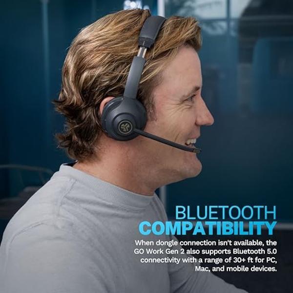 JLab Go Work Gen 2 Wireless Headsets with Microphone - 55+ Playtime PC Bluetooth Headset and Multipoint Connect to Laptop Computer and Mobile - Wired or Wireless (Bluetooth or USB 