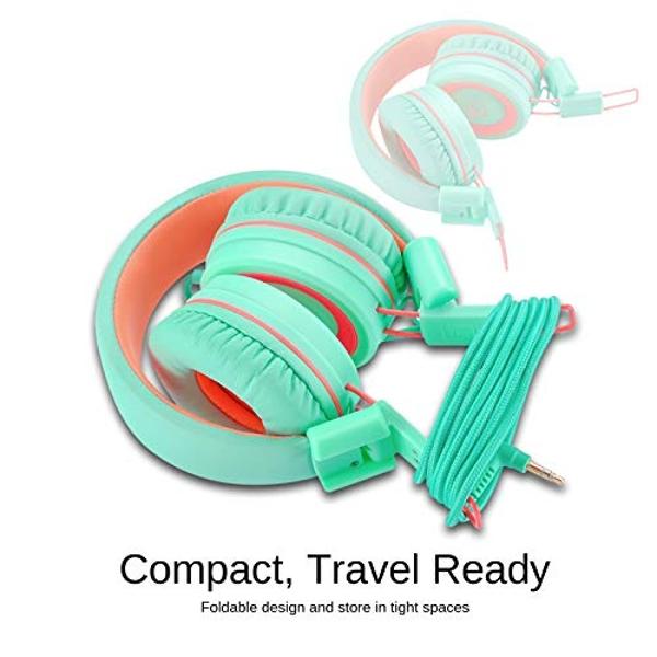 noot products Kids Headphones K11 Foldable Stereo Tangle-Free 5ft Long Cord 3.5mm Jack Plug in Wired On-Ear Headset for iPad/Amazon Kindle,Fire/Boys/Girls/School/Tablet/Laptop(Mint