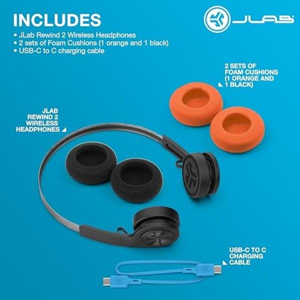 JLab Rewind 2 Wireless Retro Headphones, 20+ Hours Playtime, App Support, Bluetooth Multipoint + Wireless Sharing, Custom EQ3 Sound, Music Controls, Throwback 80s 90s Design, Black