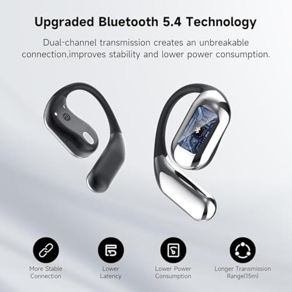 Open Ear Bone Conduction Headphones Bluetooth 5.3 Wireless Clip On Earbuds with Digital Display Charging Case 60 Hours Playtime Sport Earphones Built-in Mic IPX7 Waterproof for Run