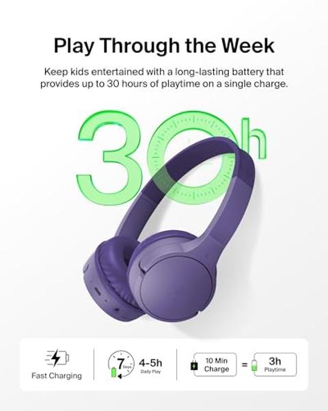 Belkin SoundForm Mini - Wireless Bluetooth Kids Headphones, 30H Battery, 85dB Safe Volume Limit, Built-in Microphone - Toddler On-Ear Earphones for iPhone, iPad - Ideal for School 