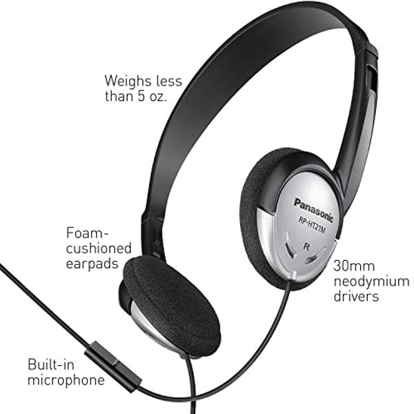 Panasonic Headphones, On-Ear Lightweight Earphones with Microphone and XBS for Extra Bass and Clear, Natural Sound, 3.5mm Jack for Phones and Laptops, Work from Home - RP-HT21M (Bl
