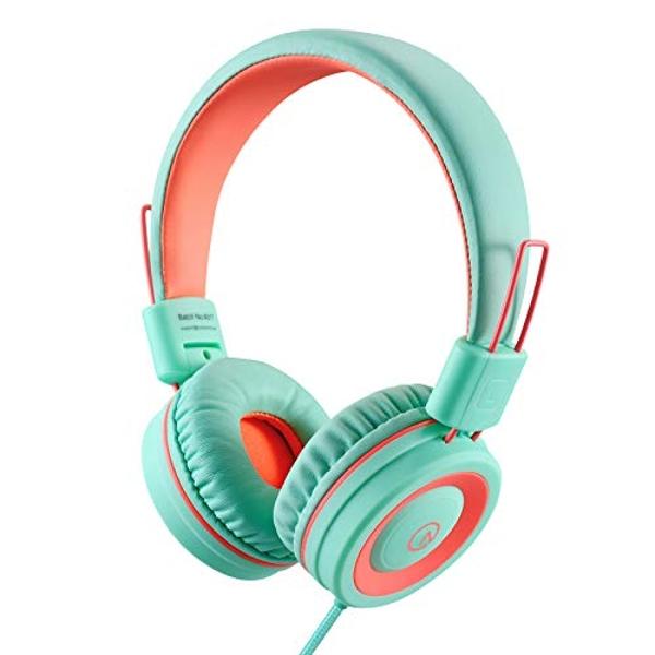 noot products Kids Headphones K11 Foldable Stereo Tangle-Free 5ft Long Cord 3.5mm Jack Plug in Wired On-Ear Headset for iPad/Amazon Kindle,Fire/Boys/Girls/School/Tablet/Laptop(Mint