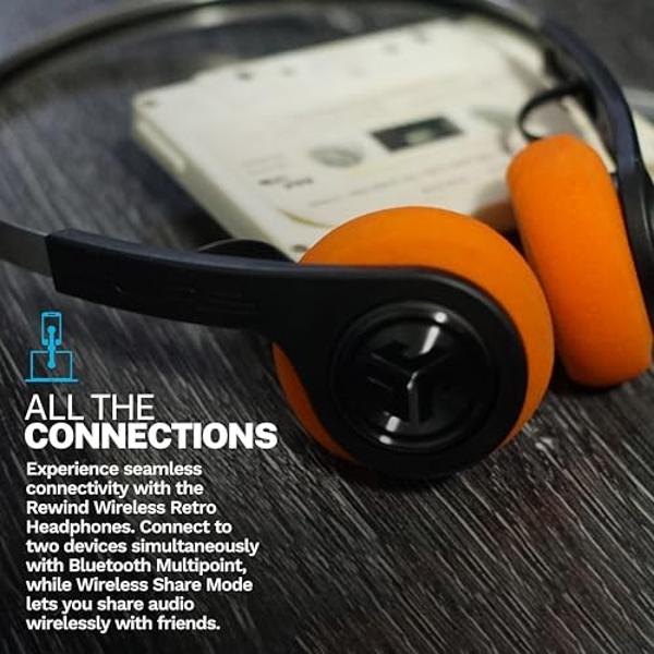 JLab Rewind 2 Wireless Retro Headphones, 20+ Hours Playtime, App Support, Bluetooth Multipoint + Wireless Sharing, Custom EQ3 Sound, Music Controls, Throwback 80s 90s Design, Black