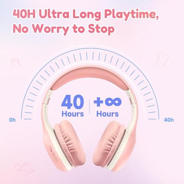 EarFun K2 Kids Bluetooth Headphones, Kids Headphones with Volume Limited, 40H Playtime, Built-in Mic, Stereo Sound, Foldable Over-Ear Headphone for School/Travel/iPad/Tablet, Pink