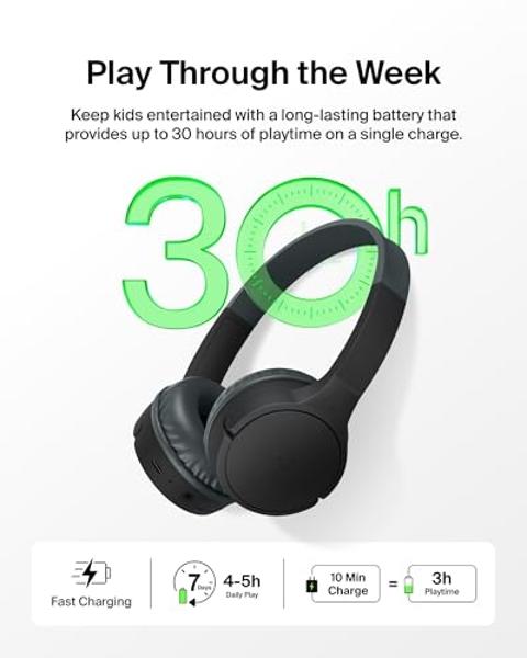 Belkin SoundForm Mini Kids Wireless Headphones w/Built-in Microphone, 30H of Playback Time, & Fun Stickers - Over-Ear Headsets for Online Learning, School, Travel, iPhone, iPad, Ga