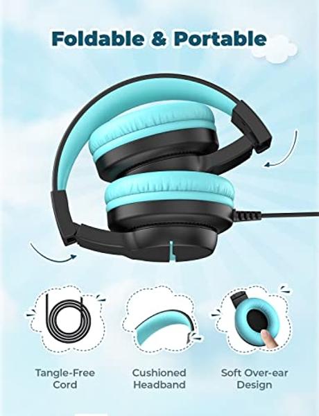iClever HS19 Kids Headphones with Microphone for School, Volume Limiter 85/94dB, Over-Ear Girls Boys Headphones for Kids with Shareport, Foldable Wired for iPad/Travel (Black)