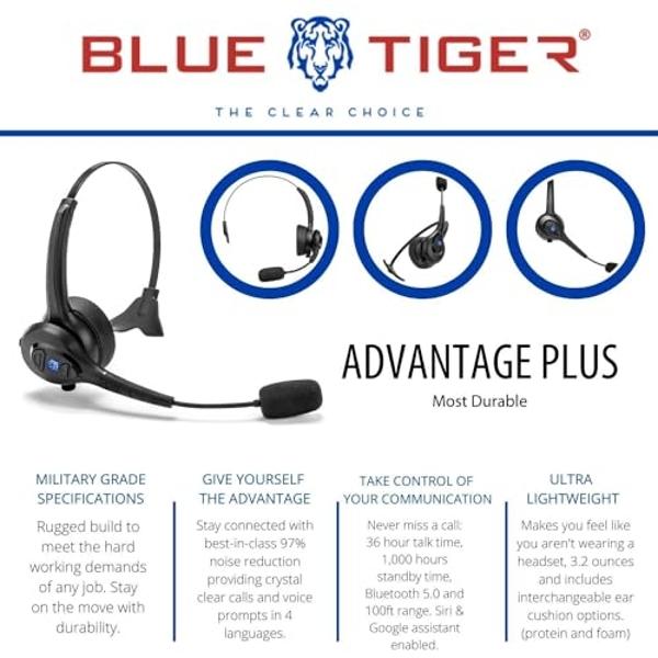 Blue Tiger Advantage Plus Wireless Bluetooth Headset - Professional Trucker and Office Headset with Microphone - Durable, Noise Cancelling, Clear Sound, Long Battery Life, No Wires