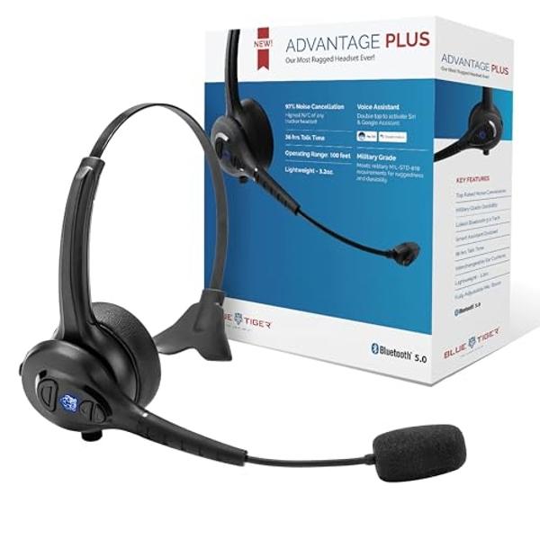 Blue Tiger Advantage Plus Wireless Bluetooth Headset - Professional Trucker and Office Headset with Microphone - Durable, Noise Cancelling, Clear Sound, Long Battery Life, No Wires