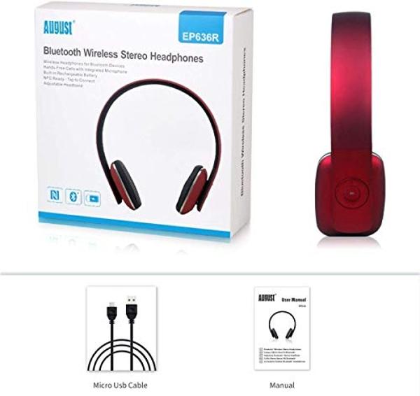 August EP636 Bluetooth Headphones - Wireless On-Ear Headphones with NFC/Headset Microphone - Red