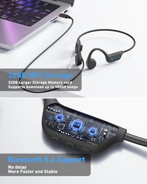 Bone Conduction Swimming Headphones Underwater,IPX8 Waterproof Bluetooth 5.4 Open Ear Headphones with 32G MP3 Memory for Swimming,Running, Cycling and More Activities