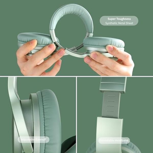 Headphones Wireless Bluetooth 120H Playtime, Over Ear Headphones with Microphone, Lightweight Foldable Wireless Headset with Case, HiFi Stereo Sound for Travel/Work/Leisure-Green