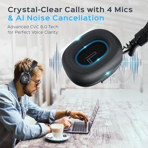 TREBLAB U5 - Hybrid Active Noise Cancelling Headphones Over-Ear Bluetooth 5.3, 55H Battery, Deep Bass, Multipoint, IPX4, Foldable, Mic for Calls, Wireless Headphones Foldable for T