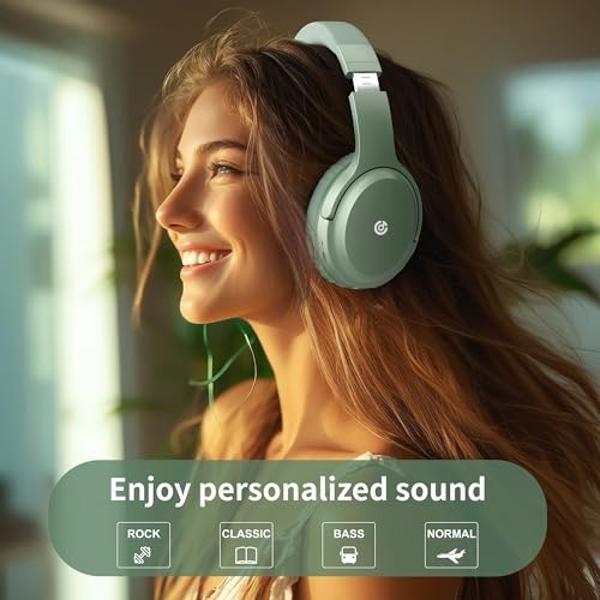 Headphones Wireless Bluetooth 120H Playtime, Over Ear Headphones with Microphone, Lightweight Foldable Wireless Headset with Case, HiFi Stereo Sound for Travel/Work/Leisure-Green