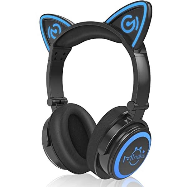 MindKoo Cat Ear Bluetooth Headphones with Microphone, LED Light Up Over Ear Headphones, Volume Control and Foldable Headset for Tablet/PC/iPad/Cell Phones, Gift for Kids Boys & Gir