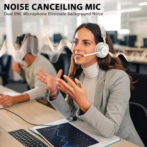 Wireless Headset with Mic for Work, Bluetooth Headphones with Mic Mute & USB Dongle, V5.2 Bluetooth Headset with Microphone Noise Canceling & Charging Base, 45Hrs for Meetings/Offi