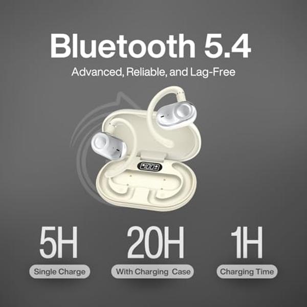 Open Ear Headphones, Open Ear Earbuds with 16mm Speakers, Bluetooth 5.4 Wireless, Biaxial Rotation, Lightweight, 20H Playtime, Over Ear Bluetooth Headphones for Running, Workout, I