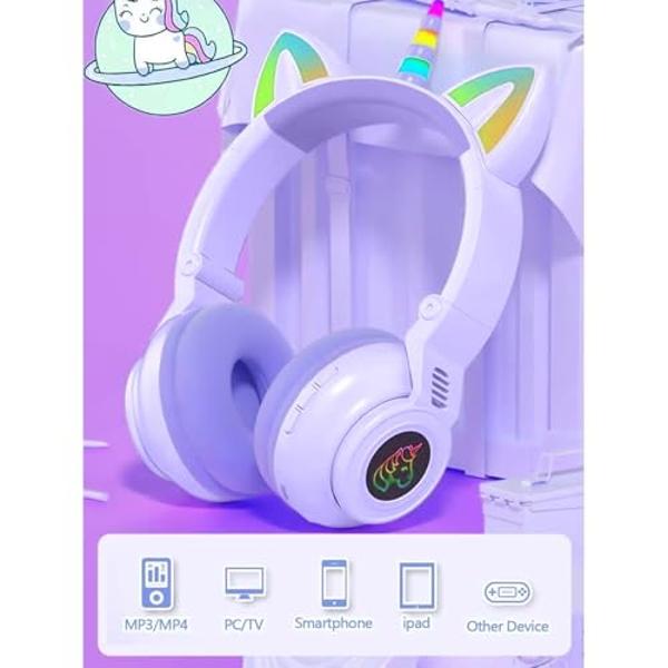 MindKoo Cat Ear Bluetooth Headphones with Microphone, LED Light Up Over Ear Headphones, Volume Control and Foldable Headset for Tablet/PC/iPad/Cell Phones, Gift for Kids Boys & Gir