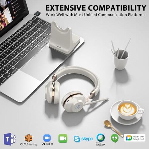 Wireless Headset with Mic for Work, Bluetooth Headphones with Mic Mute & USB Dongle, V5.2 Bluetooth Headset with Microphone Noise Canceling & Charging Base, 45Hrs for Meetings/Offi