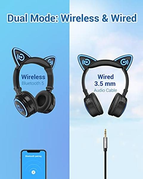 MindKoo Cat Ear Bluetooth Headphones with Microphone, LED Light Up Over Ear Headphones, Volume Control and Foldable Headset for Tablet/PC/iPad/Cell Phones, Gift for Kids Boys & Gir