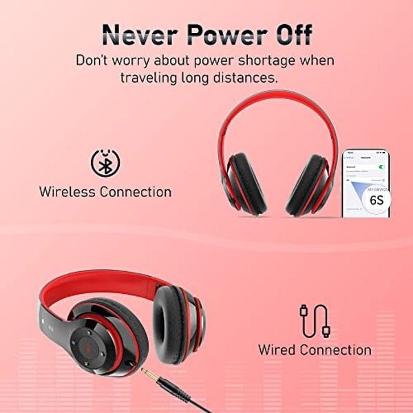 Bluetooth Headphones Over Ear, 6S Foldable Wireless Headphones with 6 EQ Modes, 40 Hours Playtime HiFi Stereo Headset with Mic, Soft Ear Pads, TF/FM for Cellphone/PC/Home (Black & 
