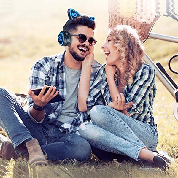 MindKoo Cat Ear Bluetooth Headphones with Microphone, LED Light Up Over Ear Headphones, Volume Control and Foldable Headset for Tablet/PC/iPad/Cell Phones, Gift for Kids Boys & Gir