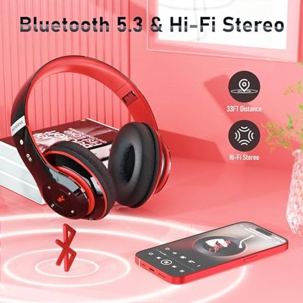 Bluetooth Headphones Over Ear, 6S Foldable Wireless Headphones with 6 EQ Modes, 40 Hours Playtime HiFi Stereo Headset with Mic, Soft Ear Pads, TF/FM for Cellphone/PC/Home (Black & 