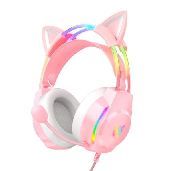 MindKoo Cat Ear Bluetooth Headphones with Microphone, LED Light Up Over Ear Headphones, Volume Control and Foldable Headset for Tablet/PC/iPad/Cell Phones, Gift for Kids Boys & Gir