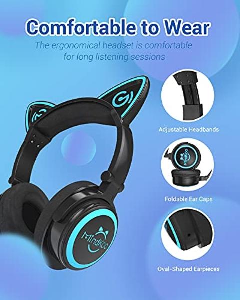 MindKoo Cat Ear Bluetooth Headphones with Microphone, LED Light Up Over Ear Headphones, Volume Control and Foldable Headset for Tablet/PC/iPad/Cell Phones, Gift for Kids Boys & Gir