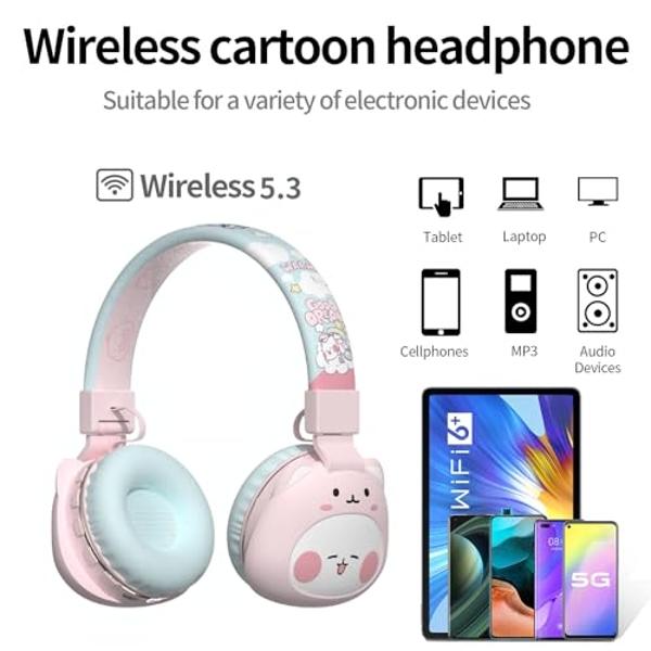 YLFASHION Kids Bluetooth Headphones, Child Wireless Cartoon Headphones, Over Ear Headphones Built-in Mic for Children/School/iPad/Tablet/Airplane (Pink)