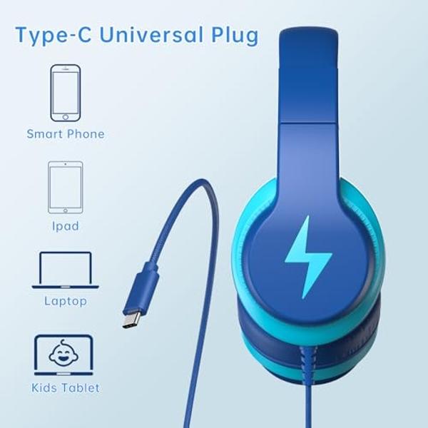 Candy Bila Kids Headphones for School, Upgrade USB C Kids Headphones, Wired Headphone for Kid, HD Stereo Sound, Foldable Kid Over-Ear Headphone for Boys, Girls, iPad, PC, Tablets, 