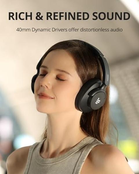 Tronsmart Q20S Hybrid Active Noise Cancelling Headphones, Wireless Over Ear Headphones with Mic, Hi-Res Audio, 60H Playtime, Deep Bass Custom EQ via App, Comfort Fit, for Travel Ho